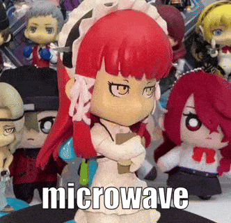 a doll with red hair is surrounded by other dolls and the word microwave is visible