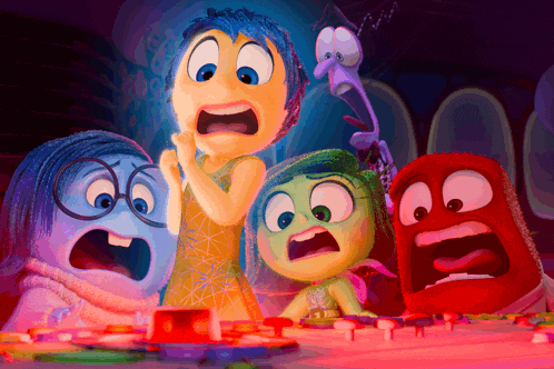 a group of cartoon characters with their mouths open are looking at something