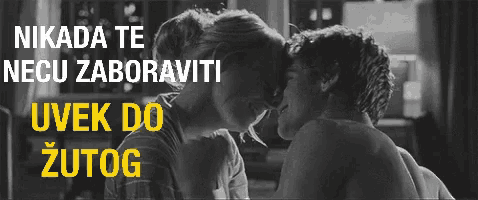 a black and white photo of a man and woman kissing with the words nikada te necu zaboraviti uvek do zutog above them