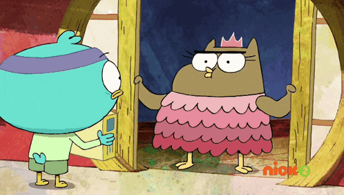 a cartoon of a cat wearing a pink dress and a crown with nick 3 written on the bottom