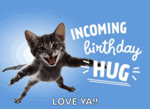 a kitten is jumping in the air with the words incoming birthday hug love ya