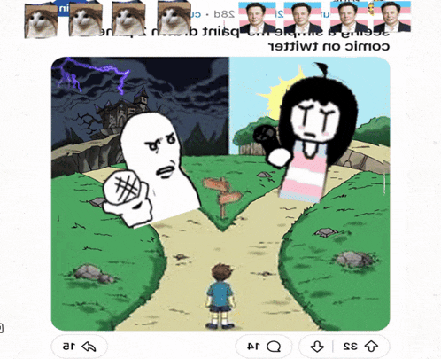 a cartoon of a man and a woman standing in a field