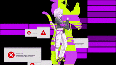 a girl with white hair is standing in front of a screen that says " unknown error "