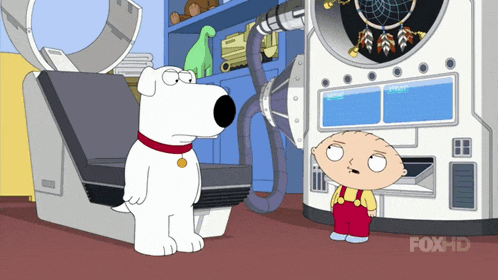 a cartoon of griffin and stewie standing next to a machine that says foxhd