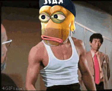 a man wearing a tank top has a cartoon face on his head and a hat that says jiaa on it