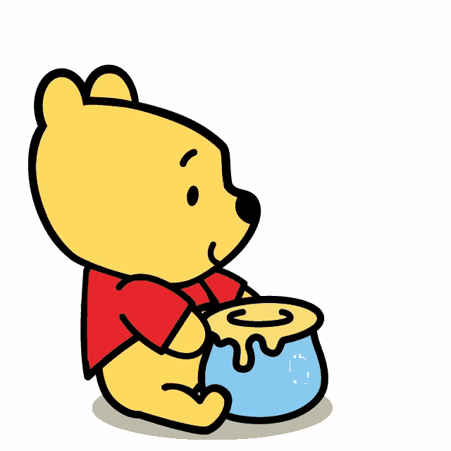 winnie the pooh is sitting next to a pot of honey and a bee is flying around him