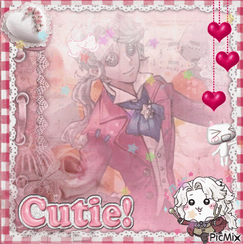 a picture of a man in a pink suit with the word cutie on it