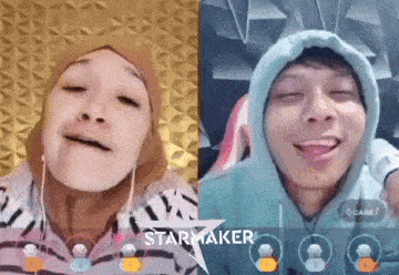 a man wearing a beanie and a hoodie is making a funny face in front of a screen that says starmaker