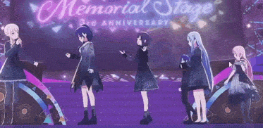 a group of anime girls are dancing on a stage in front of a neon sign .