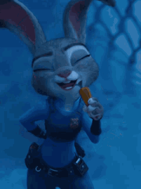 a cartoon rabbit holding a carrot with the word vrel written on the bottom