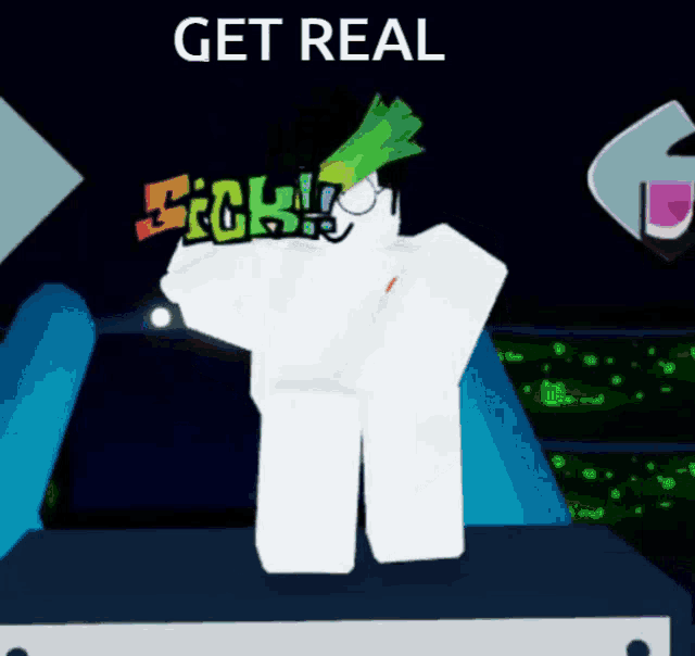 a cartoon character is holding a sign that says ' get real '
