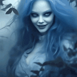 a woman with long blue hair is standing in the woods .