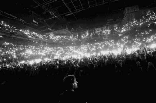 a black and white photo of a crowd at a concert with a sign that says arena