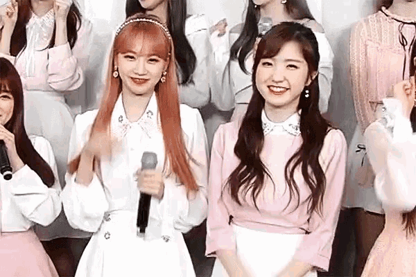 two girls are standing next to each other in front of a microphone and smiling .