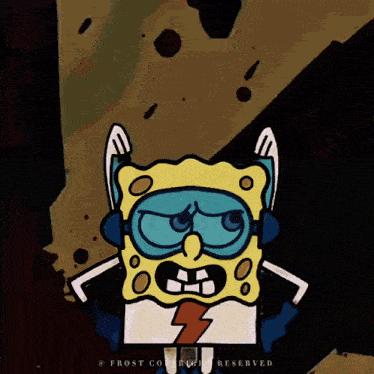 a cartoon of spongebob wearing headphones and a lightning bolt on his chest is copyrighted by frost