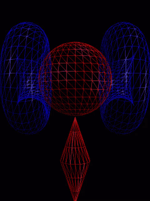 a computer generated image of a red and blue sphere and a diamond
