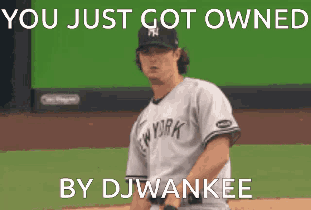 a man in a new york yankees jersey stands on the field