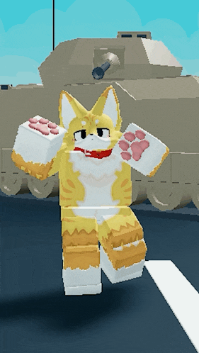 a cartoon of a cat holding a paw print in front of a tan tank