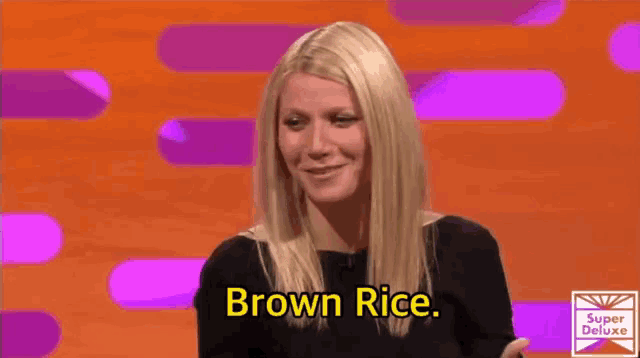 a woman with blonde hair is talking about brown rice