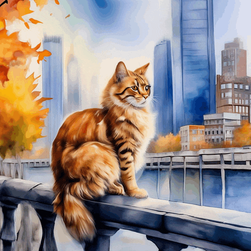 a painting of a cat sitting on a railing in front of a city skyline