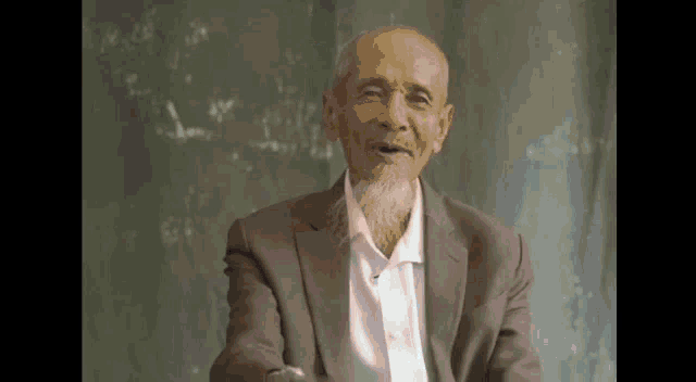an elderly man with a beard is wearing a suit and smiling