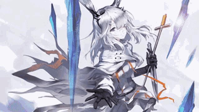 a girl with white hair and horns is holding a sword