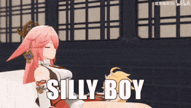 a girl with pink hair is laying on a couch with the words silly boy written on it