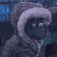 a pixel art of a frog wearing a fur hooded jacket and glasses .