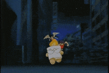 a cartoon character with purple hair and a red shirt is running from a monster