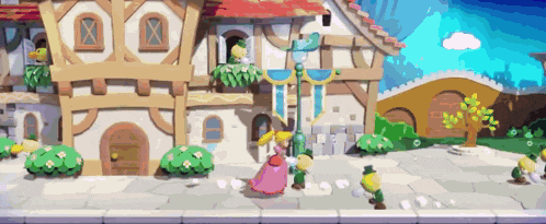 a pixel art of princess peach standing in front of a castle