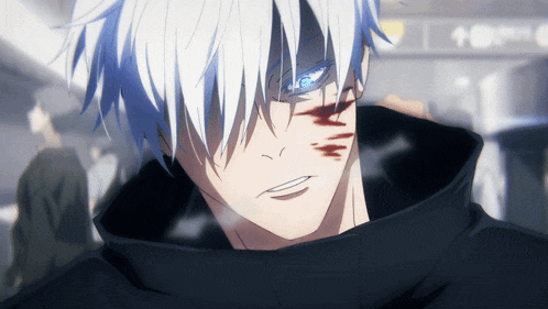 a close up of a person 's face with blue eyes and blood on it