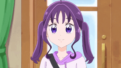 a girl with purple hair and blue eyes is standing in front of a window