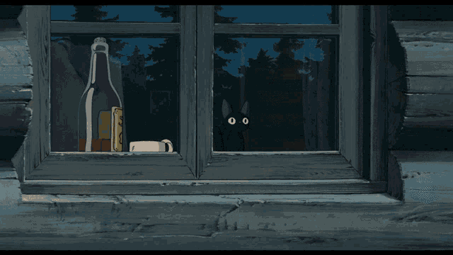 a girl in a red bow looks out a window at a black cat