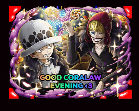 a poster with two anime characters and the words good coralaw evening < 3
