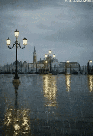 a rainy day in venice with a street light in the foreground and a city in the background .