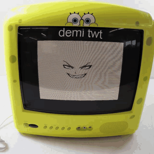 a yellow spongebob television with demi twt written on the top