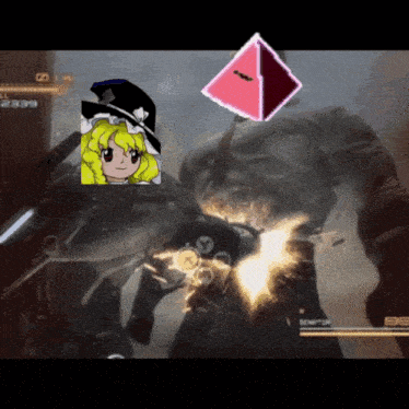 a video game screen shows a girl and a pyramid