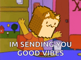 a cartoon says im sending you good vibes with a pixelated cat on his head