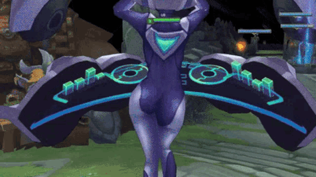 a woman in a purple suit is standing in front of a sign that says " nn "