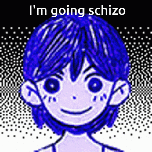 a drawing of a boy with blue hair and the words `` i 'm going schizo ''
