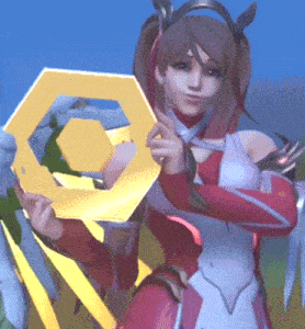 a woman in a red and white outfit holds a yellow object