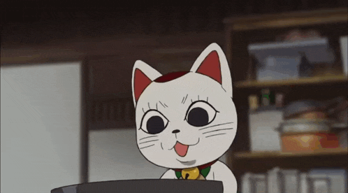 a cartoon cat with a yellow collar is smiling and holding a pan