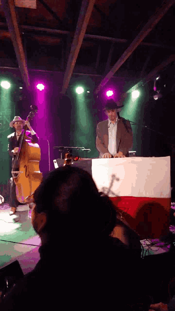 a man in a cowboy hat is playing a double bass on a stage