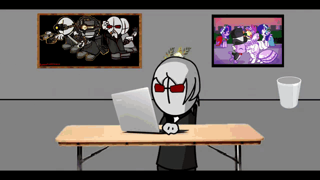 a cartoon character sits at a desk with a laptop