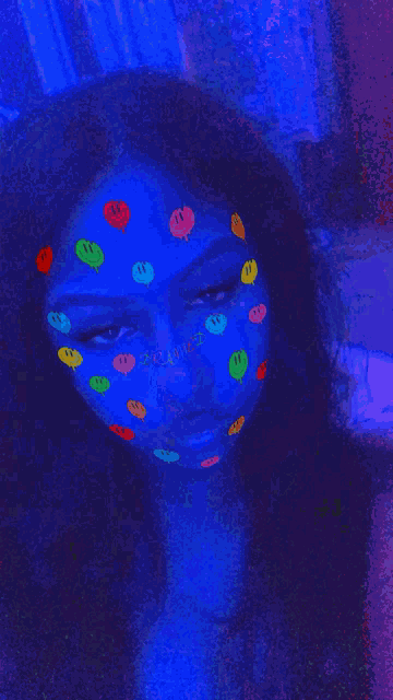 a painting of a person 's face with colorful bubbles on it and a green background