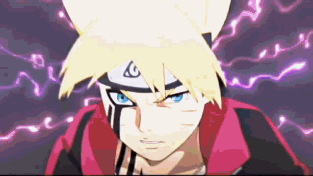 a close up of a cartoon character with a purple background and a red jacket .