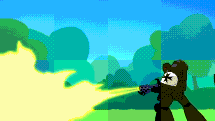 a cartoon character is holding a gun with a cross on it