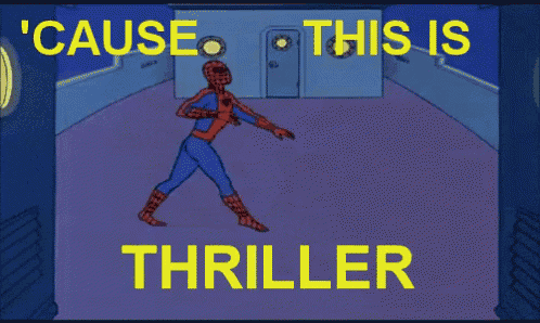 a cartoon of spider-man running with the words " cause this is thriller "
