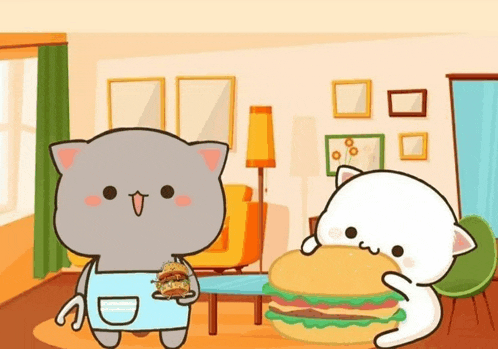 a cartoon cat is holding a hamburger and a cartoon cat is eating a hamburger in a living room .
