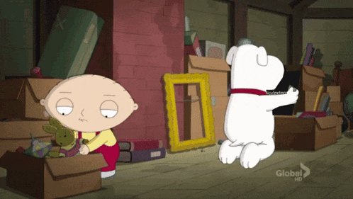 a cartoon character named stewie and a dog named griffin from family guy